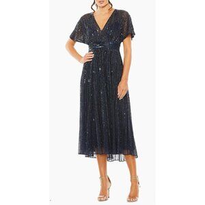 Mac Duggal 14007 Sequined Short-Sleeve Midi Evening Dress Size 18 Midnight